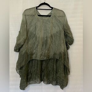 Women's Green Silk Viscose Lagenlook Pullover Tunic M/L Crewneck Artsy Fairycore